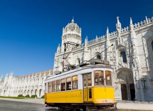 yellow tram of Lisbon at Jeronimos monastery, Portugal