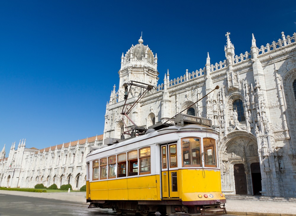 yellow tram of Lisbon at Jeronimos monastery, Portugal